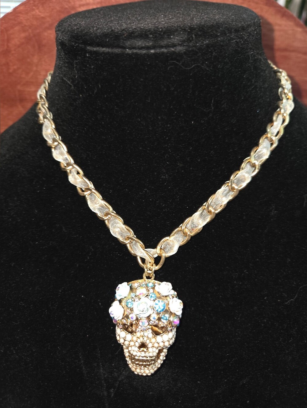 Betsey Johnson Sugar Skull Crystal Lt Blue Ribbon Necklace